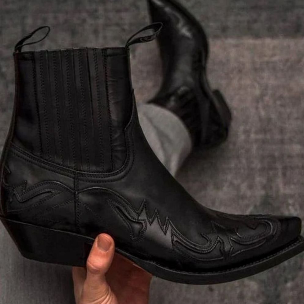 Men's Western Cowboy Style Boots Pointed-Toe Embroidered Ankle - Black