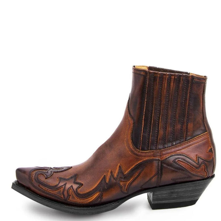 Men's Western Cowboy Style Boots Pointed-Toe Embroidered Ankle - Brown