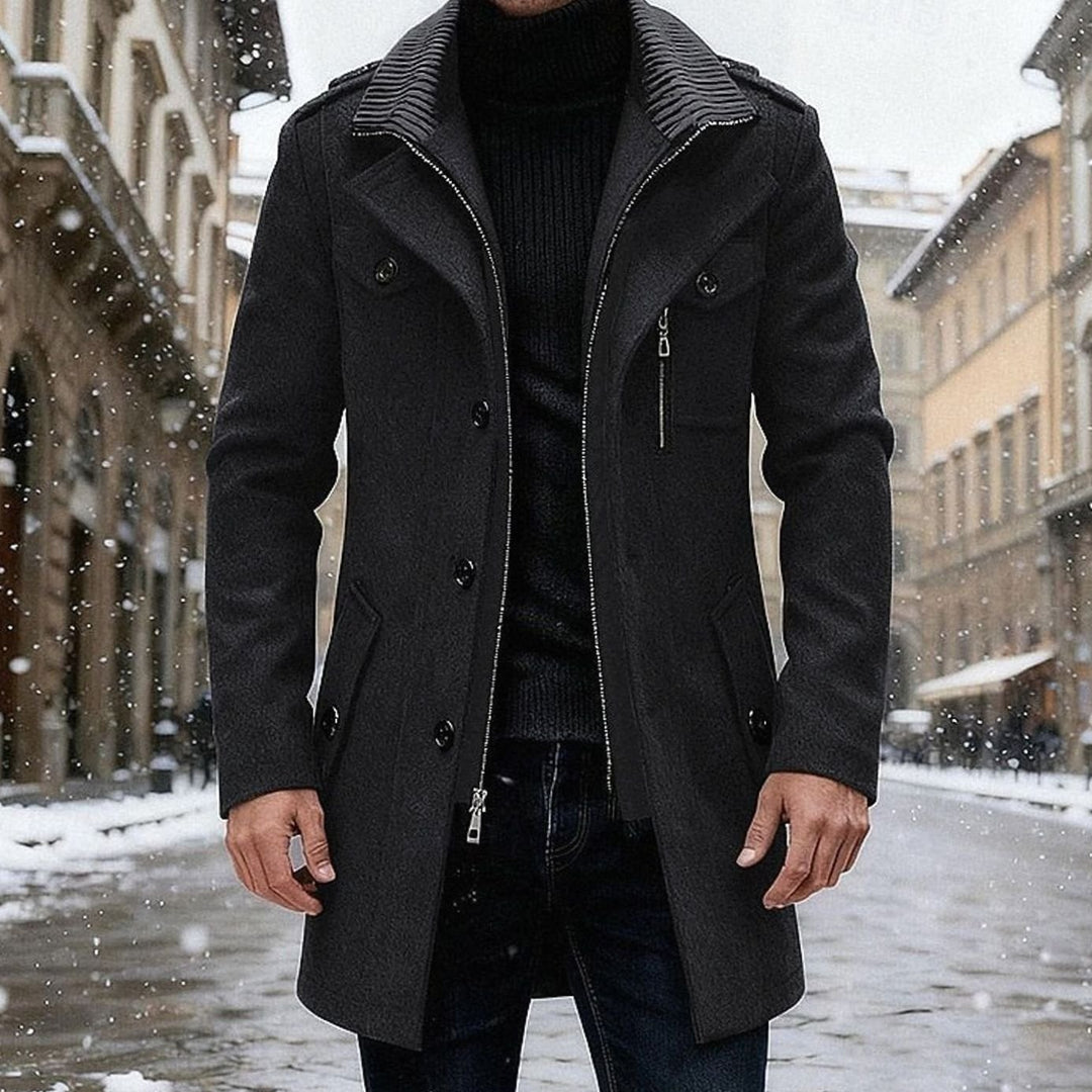 Men's Wool Coat Double-Breasted Tailored Winter Overcoat - Black