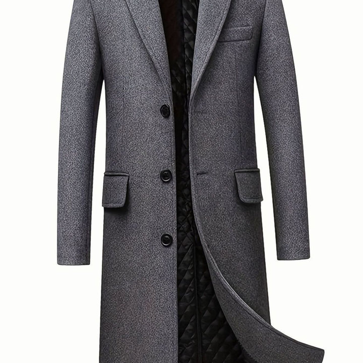 Men's Wool Long Overcoat Tailored Button-Front Trench Coat - Gray