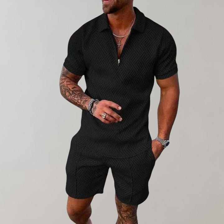 Men's Zip Polo Matching Shorts Set Textured Two-Piece - Black