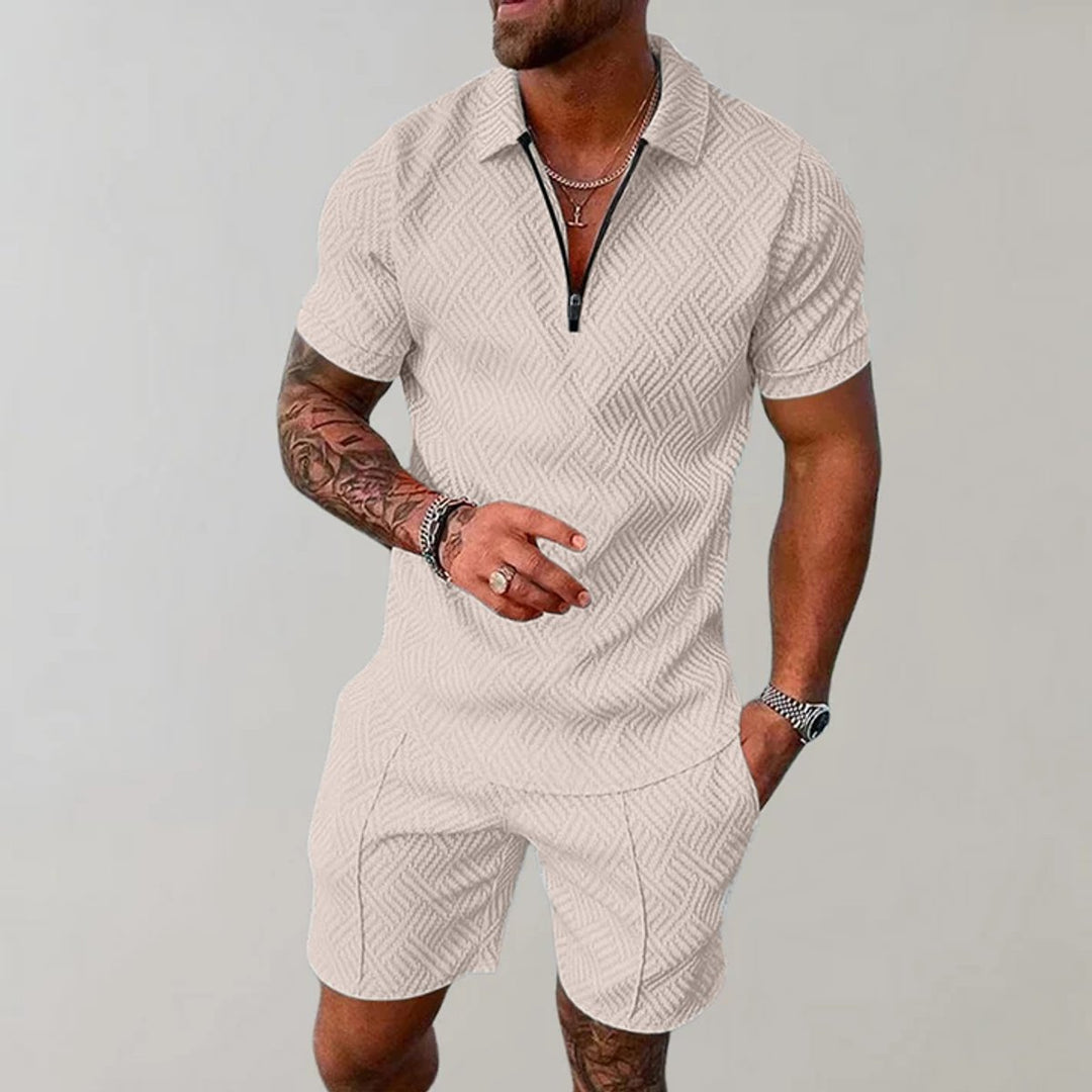 Men's Zip Polo Matching Shorts Set Textured Two-Piece - Beige
