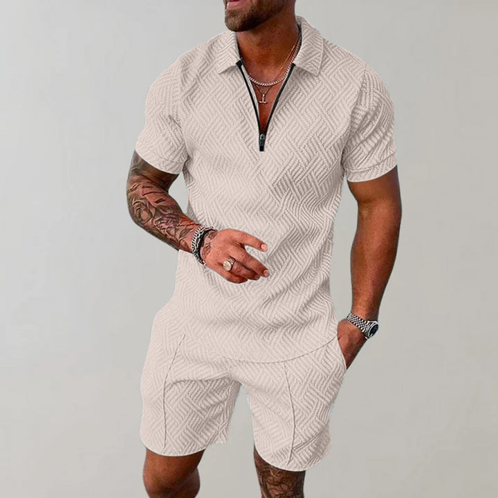 Men's Zip Polo Matching Shorts Set Textured Two-Piece - Beige