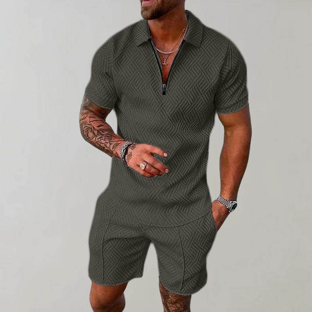 Men's Zip Polo Matching Shorts Set Textured Two-Piece - Green