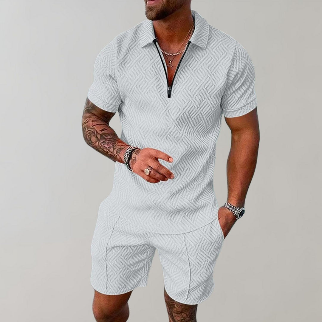 Men's Zip Polo Matching Shorts Set Textured Two-Piece - White