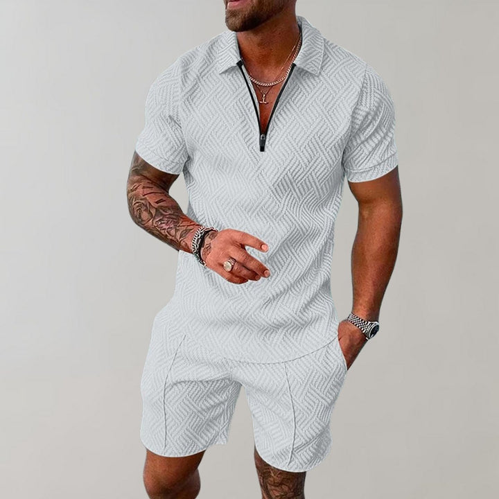 Men's Zip Polo Matching Shorts Set Textured Two-Piece - White
