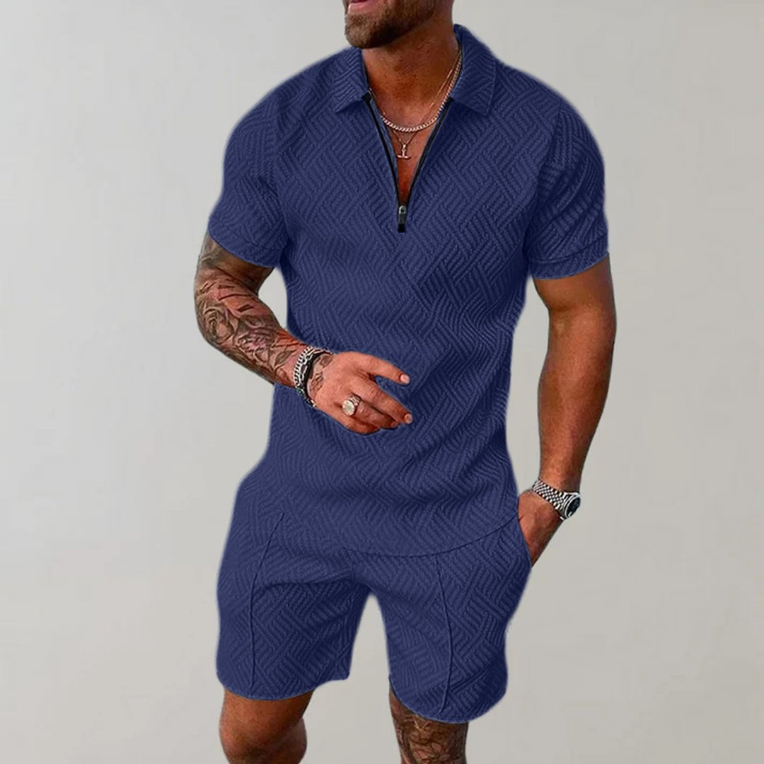 Men's Zip Polo Matching Shorts Set Textured Two-Piece - Marine Blue
