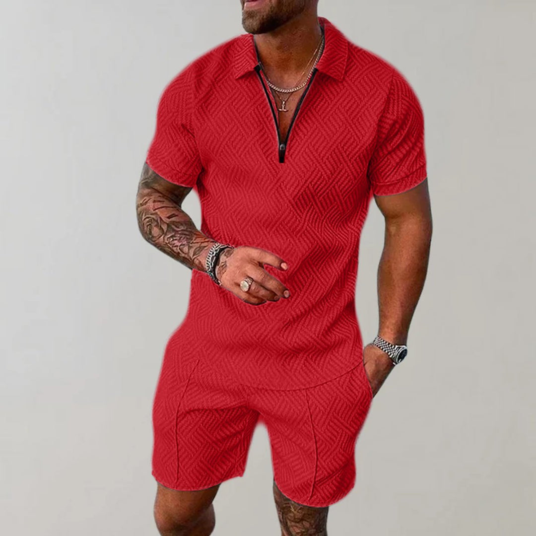 Men's Zip Polo Matching Shorts Set Textured Two-Piece - Red