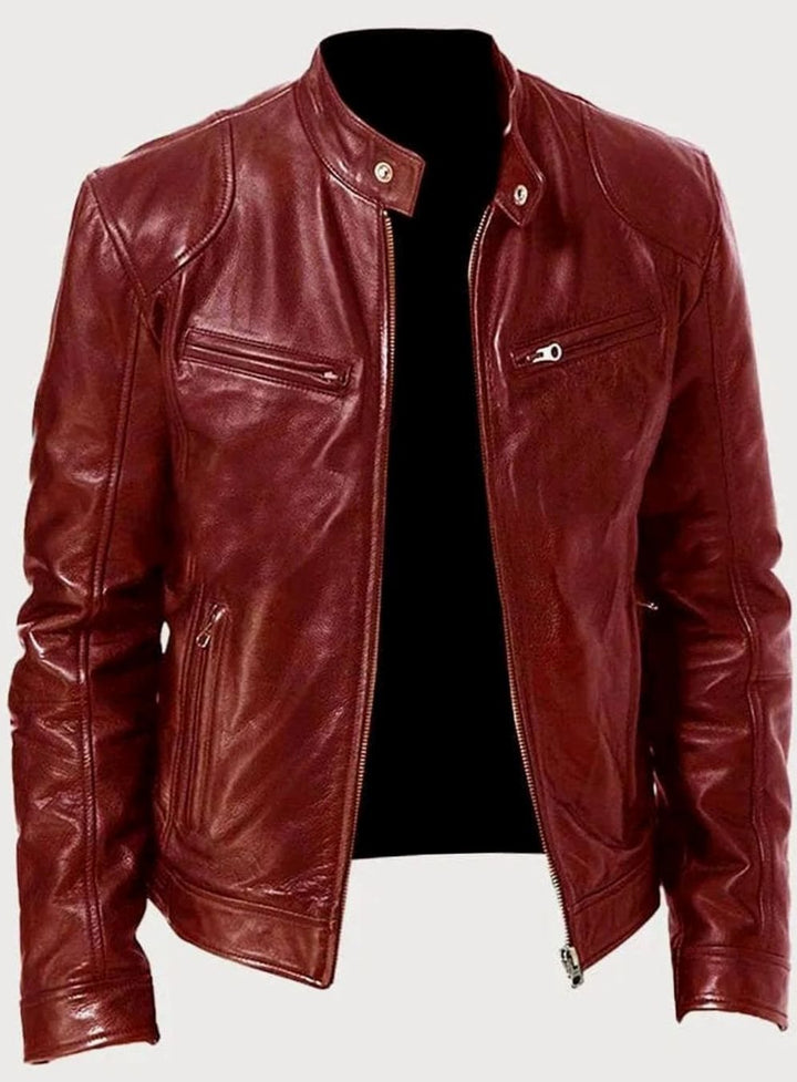 Men's Zip-Up Biker Faux Leather Casual Jacket - Red
