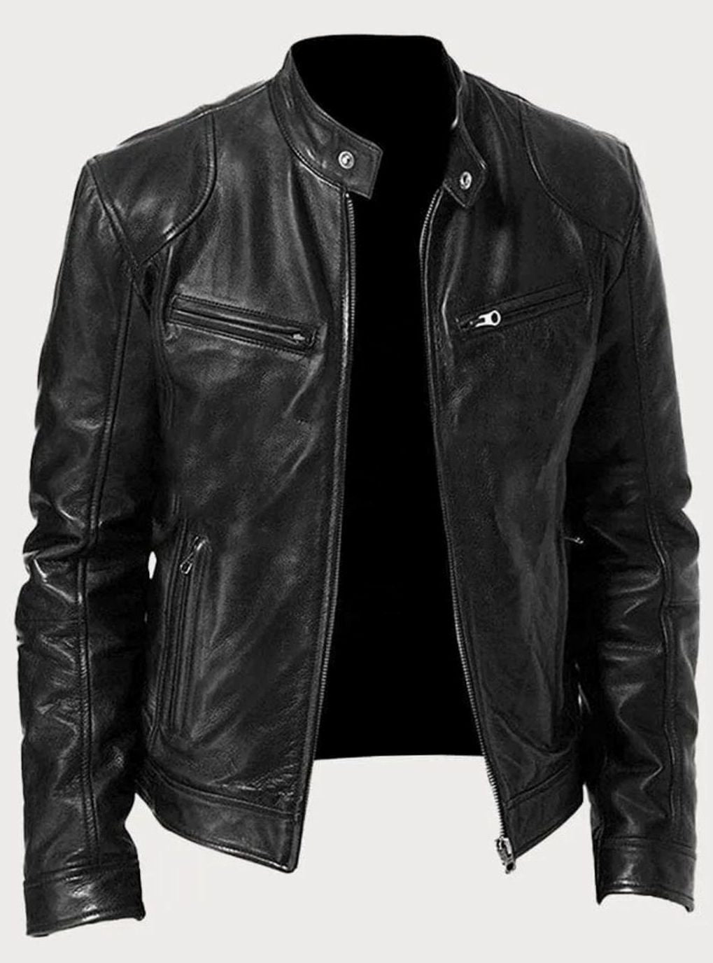 Men's Zip-Up Biker Faux Leather Casual Jacket - Black
