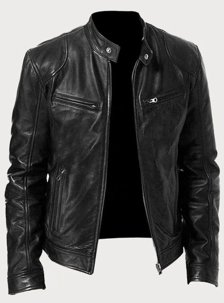 Men's Zip-Up Biker Faux Leather Casual Jacket - Black