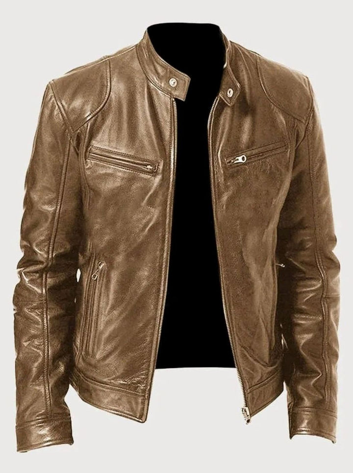 Men's Zip-Up Biker Faux Leather Casual Jacket - Beige
