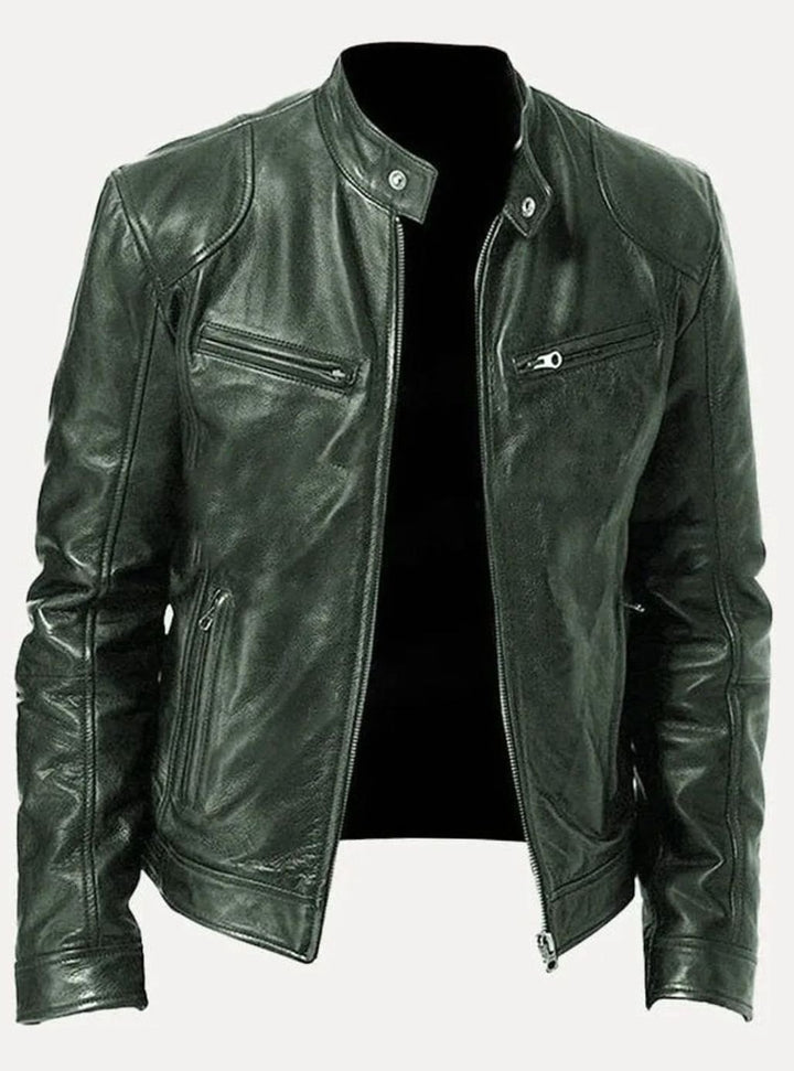 Men's Zip-Up Biker Faux Leather Casual Jacket - Green