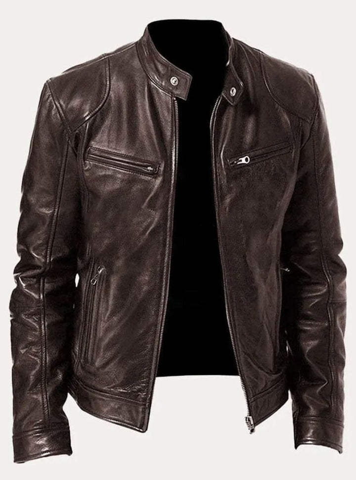 Men's Zip-Up Biker Faux Leather Casual Jacket - Brown