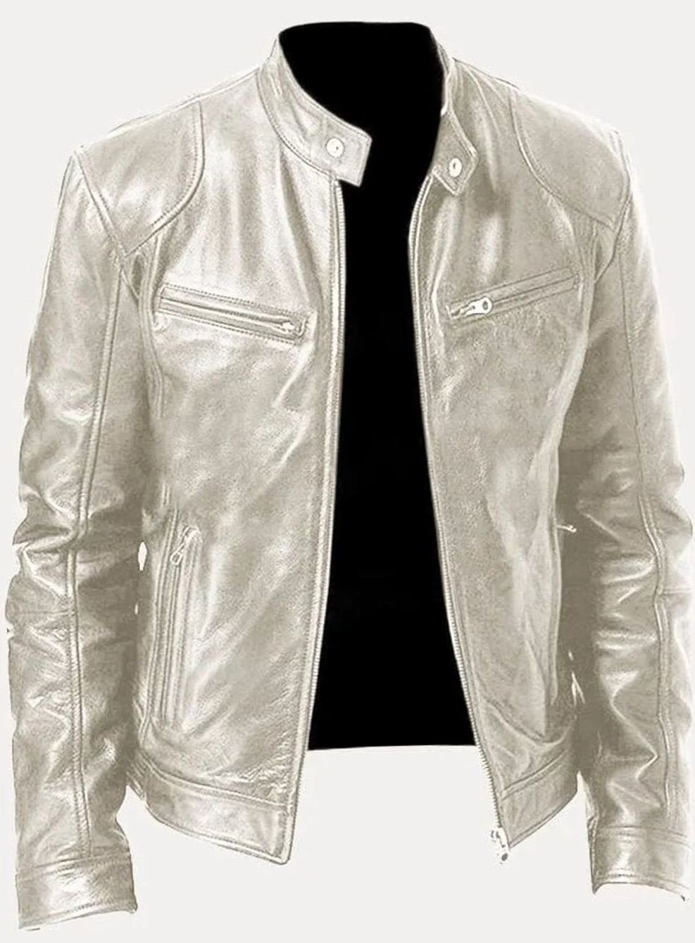 Men's Zip-Up Biker Faux Leather Casual Jacket - Silver
