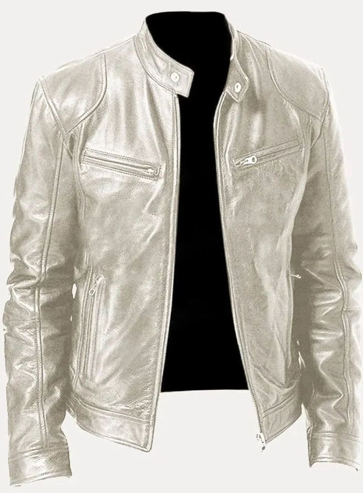 Men's Zip-Up Biker Faux Leather Casual Jacket - Silver