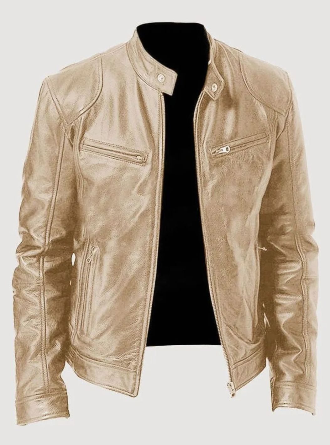 Men's Zip-Up Biker Faux Leather Casual Jacket - Gold