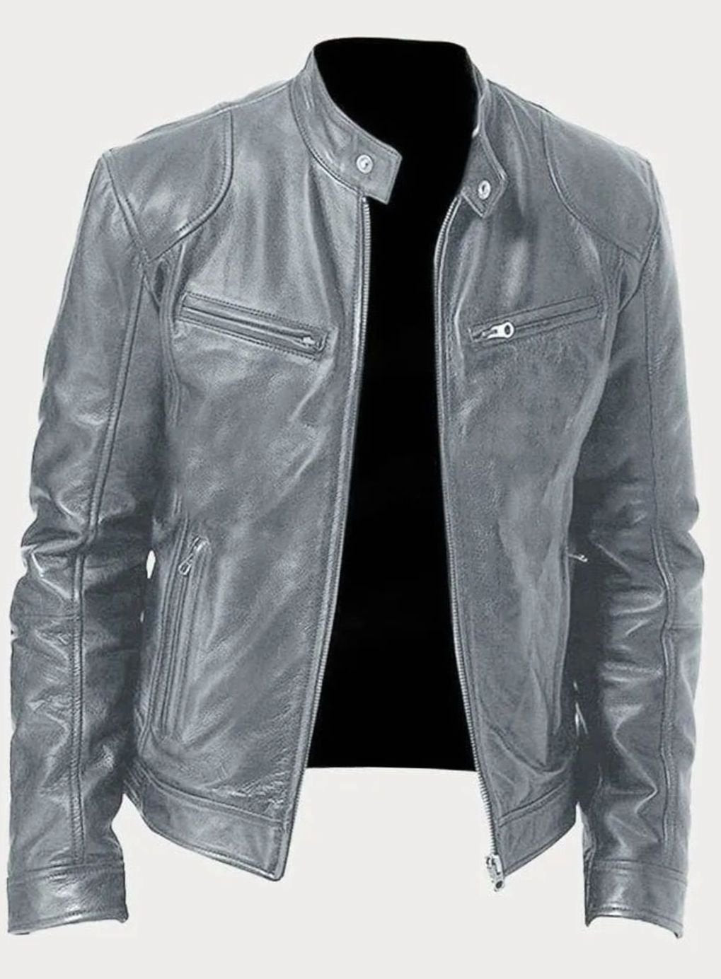 Men's Zip-Up Biker Faux Leather Casual Jacket - Gray