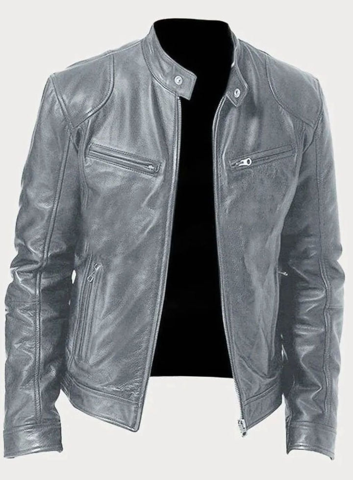 Men's Zip-Up Biker Faux Leather Casual Jacket - Gray