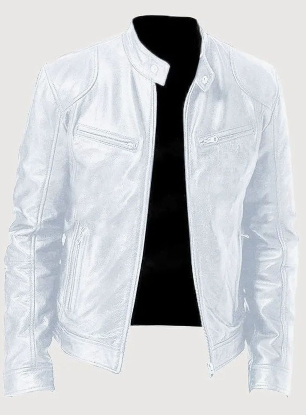 Men's Zip-Up Biker Faux Leather Casual Jacket - White