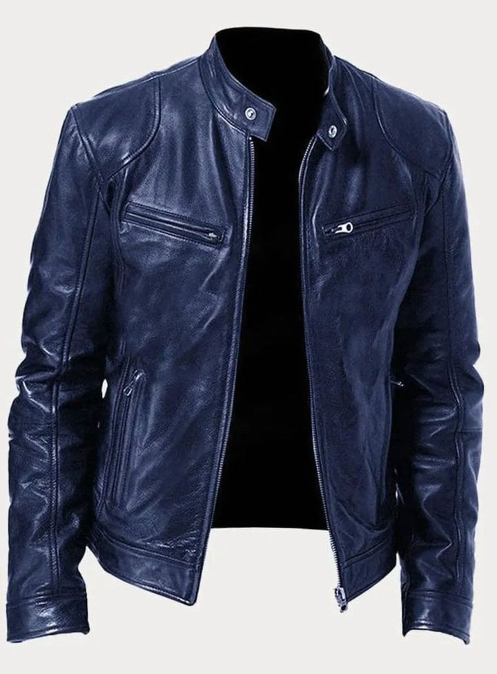Men's Zip-Up Biker Faux Leather Casual Jacket - Navy