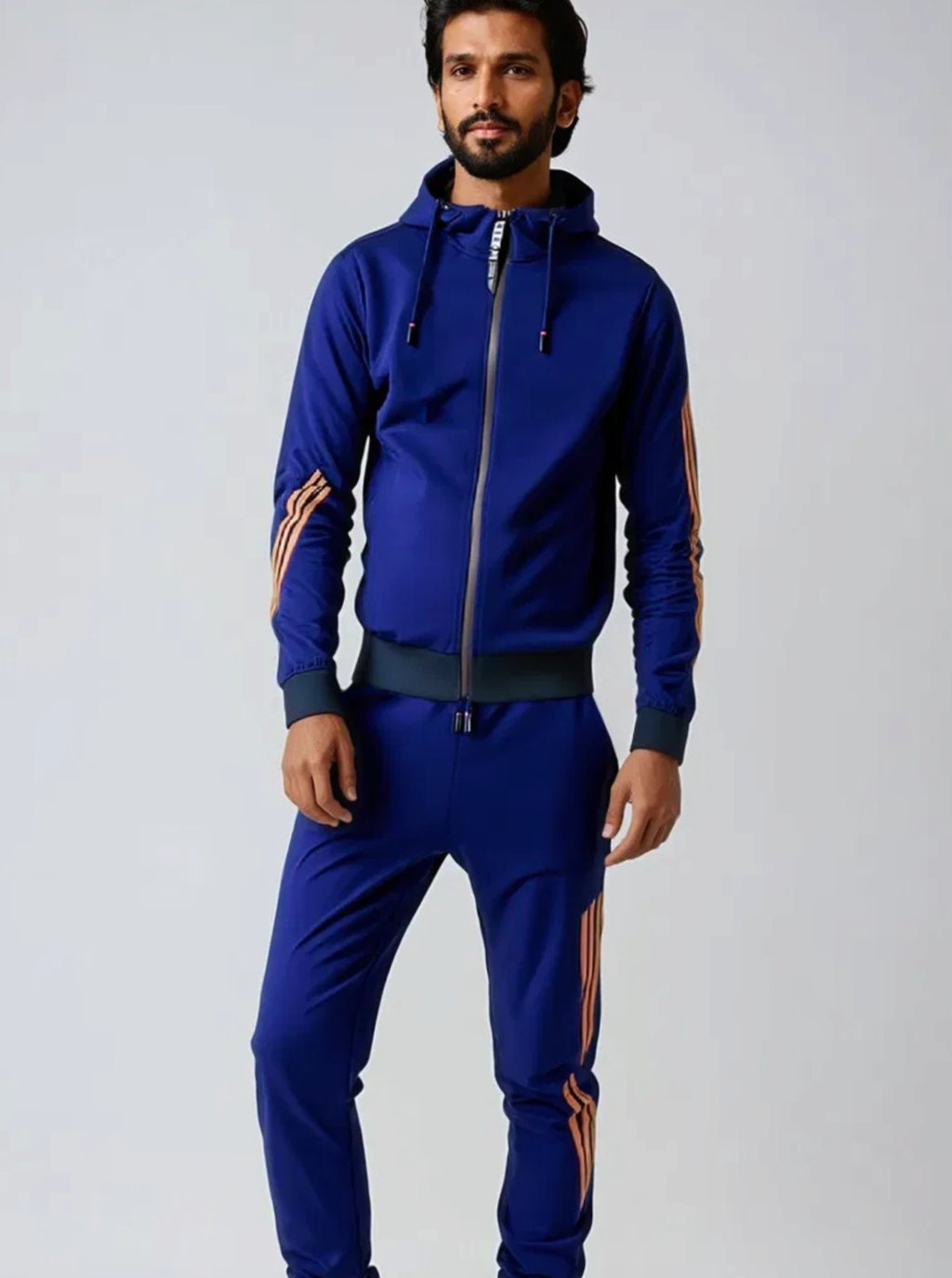 Men's Zip-Up Casual Hoodie Slim Jogger Stripe Tracksuit Set