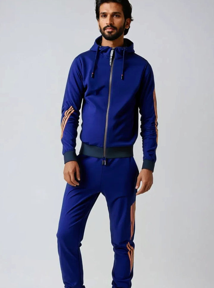 Men's Zip-Up Casual Hoodie Slim Jogger Stripe Tracksuit Set