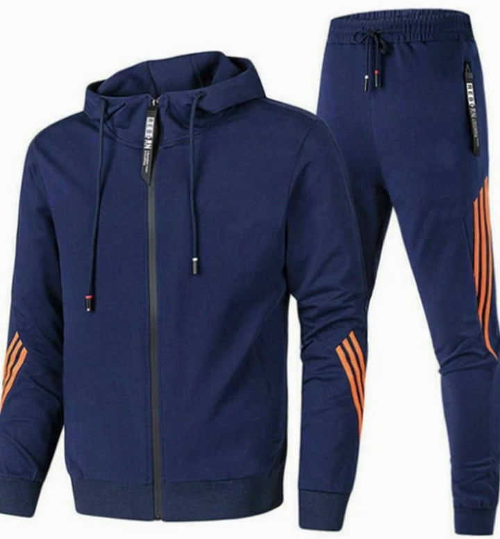 Men's Zip-Up Casual Hoodie Slim Jogger Stripe Tracksuit Set - Blue