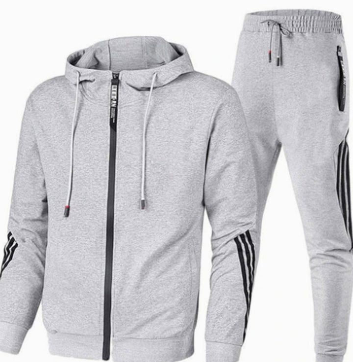 Men's Zip-Up Casual Hoodie Slim Jogger Stripe Tracksuit Set - Grey