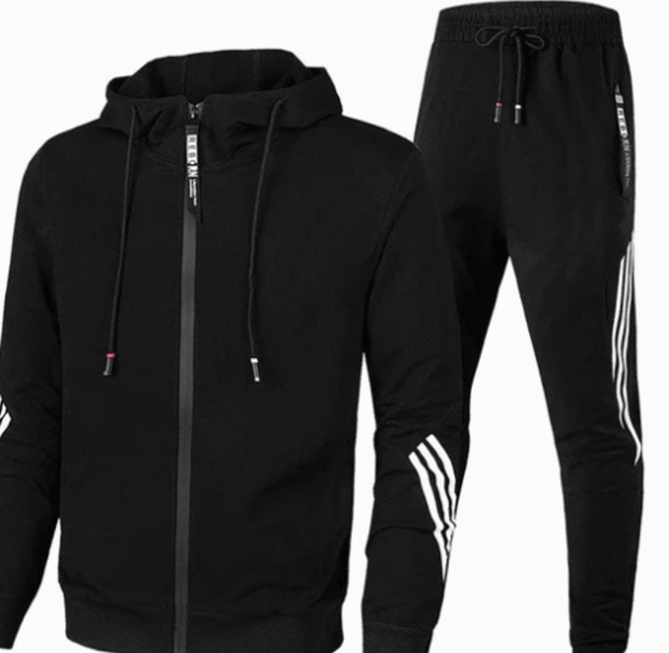 Men's Zip-Up Casual Hoodie Slim Jogger Stripe Tracksuit Set - Black