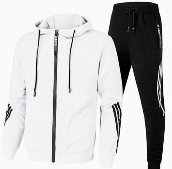 Men's Zip-Up Casual Hoodie Slim Jogger Stripe Tracksuit Set - White