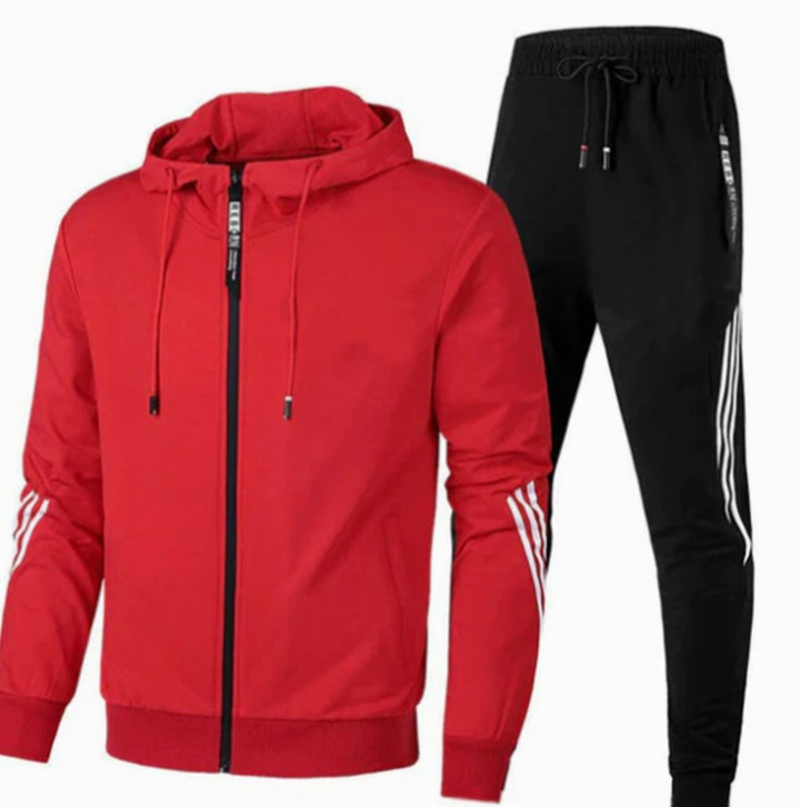 Men's Zip-Up Casual Hoodie Slim Jogger Stripe Tracksuit Set - Red