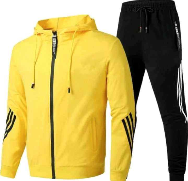 Men's Zip-Up Casual Hoodie Slim Jogger Stripe Tracksuit Set - Yellow
