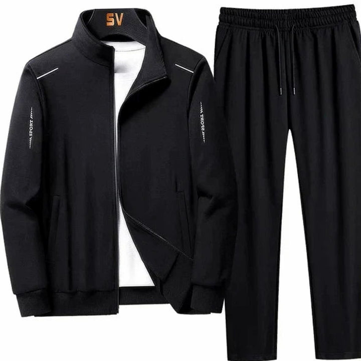 Men's Zip-Up Two-Piece Casual Tracksuit Jogger Set - Black
