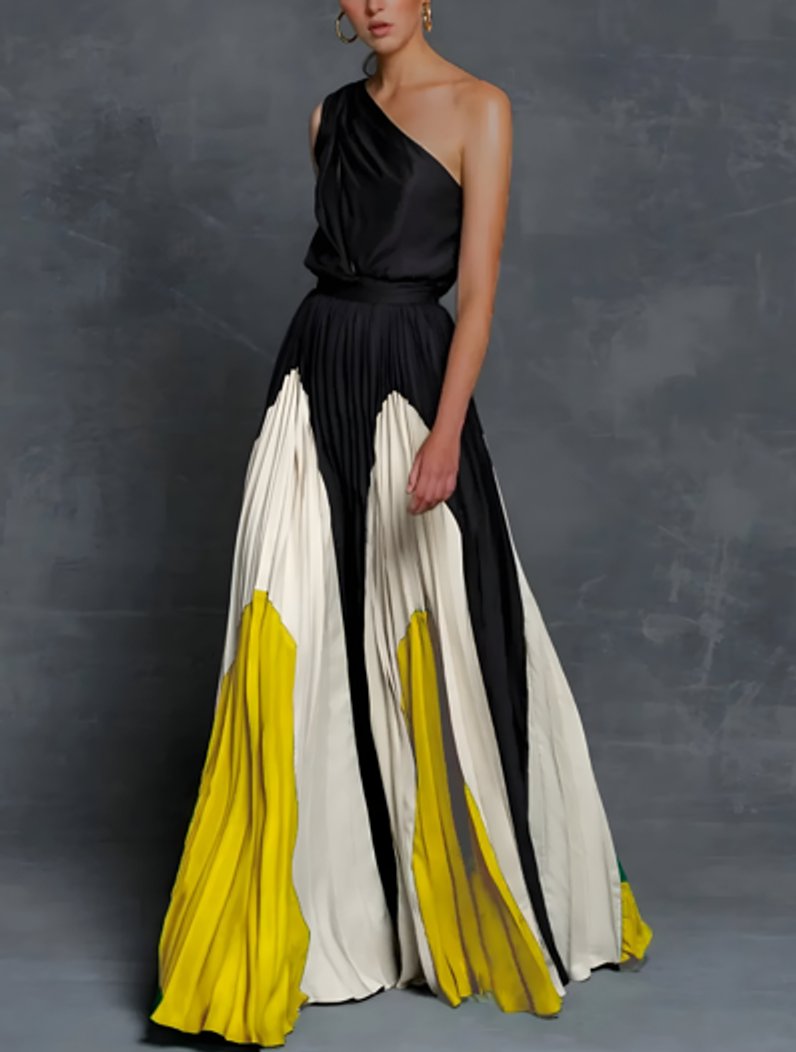 Mother of the Bride Dress One-Shoulder Pleated Color-Block Maxi Gown
