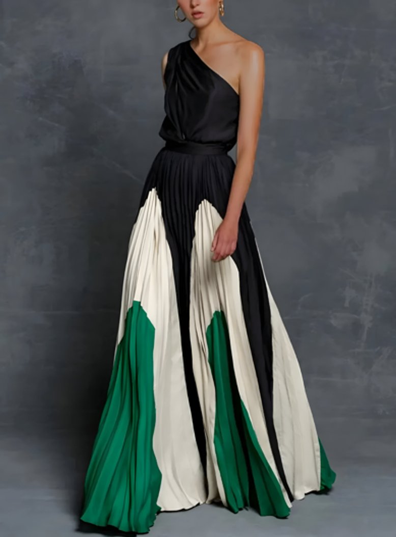 Mother of the Bride Dress One-Shoulder Pleated Color-Block Maxi Gown