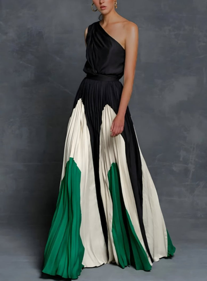 Mother of the Bride Dress One-Shoulder Pleated Color-Block Maxi Gown