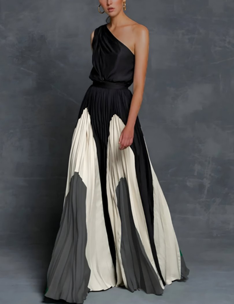 Mother of the Bride Dress One-Shoulder Pleated Color-Block Maxi Gown