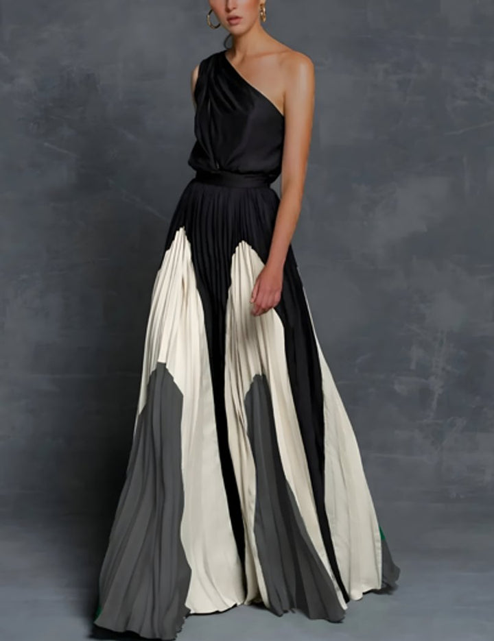 Mother of the Bride Dress One-Shoulder Pleated Color-Block Maxi Gown