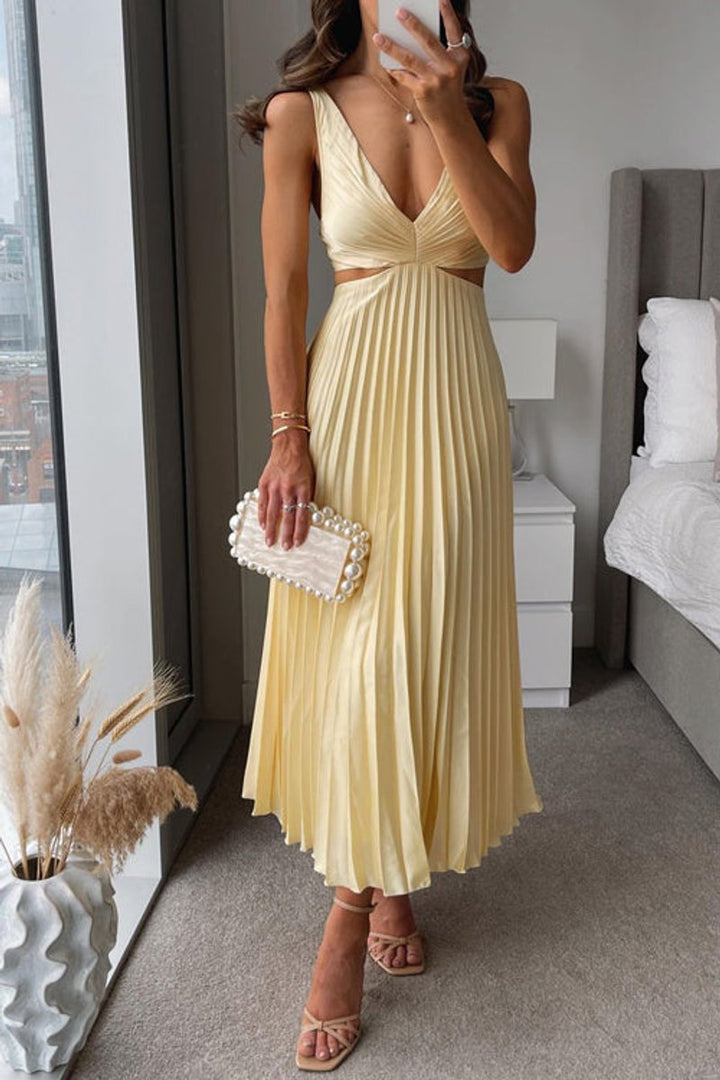 Mother of the Bride Dress Pleated V-Neck Cutout Maxi - Geel
