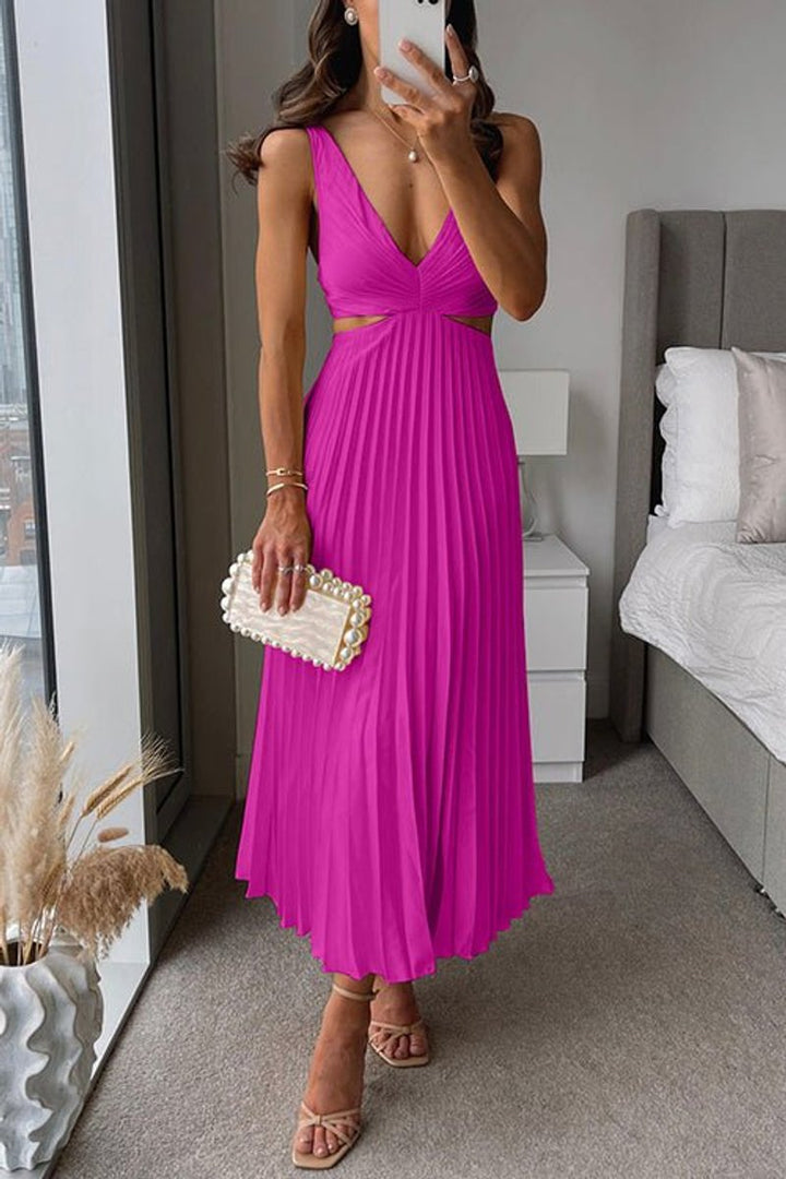 Mother of the Bride Dress Sleeveless V-Neck Pleated Maxi - Pink