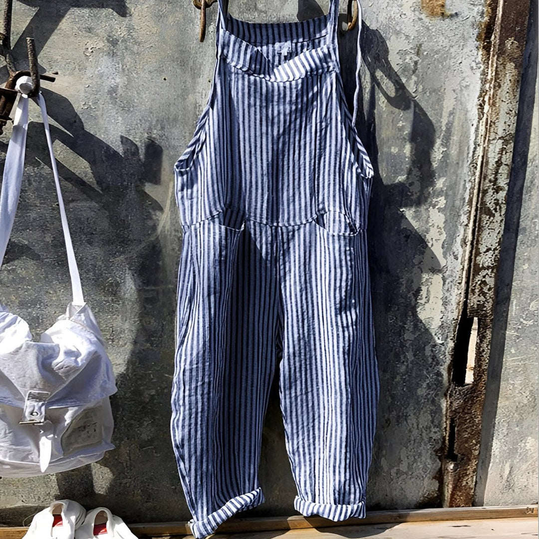 Unisex Vintage Striped Loose-Fit Bib Overall Jumpsuit - Blue