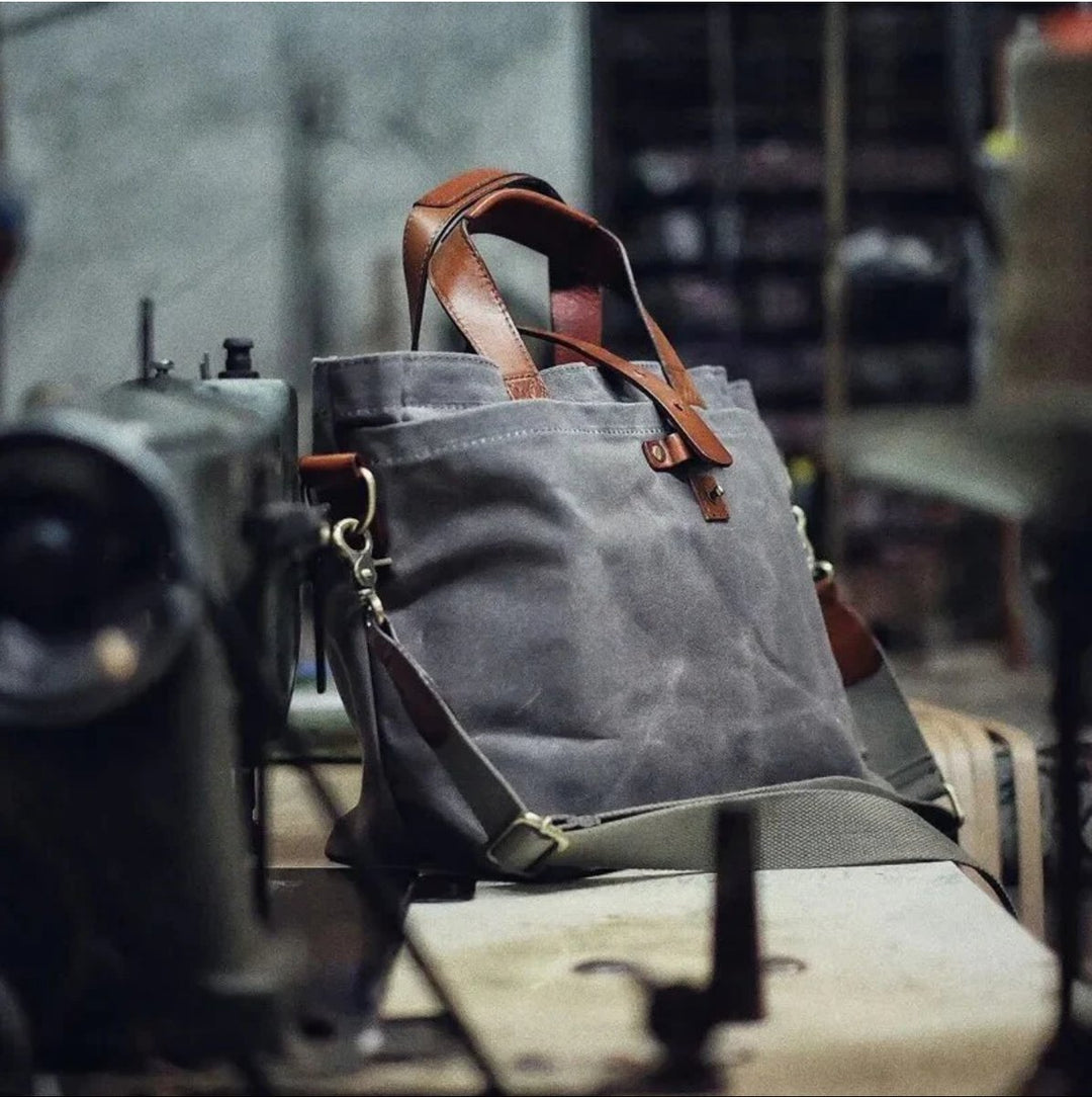 Waxed Canvas Tote Bag Water-Resistant Leather-Trim Crossbody