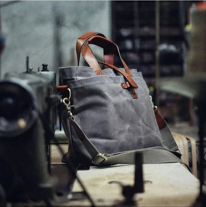 Waxed Canvas Tote Bag Water-Resistant Leather-Trim Crossbody