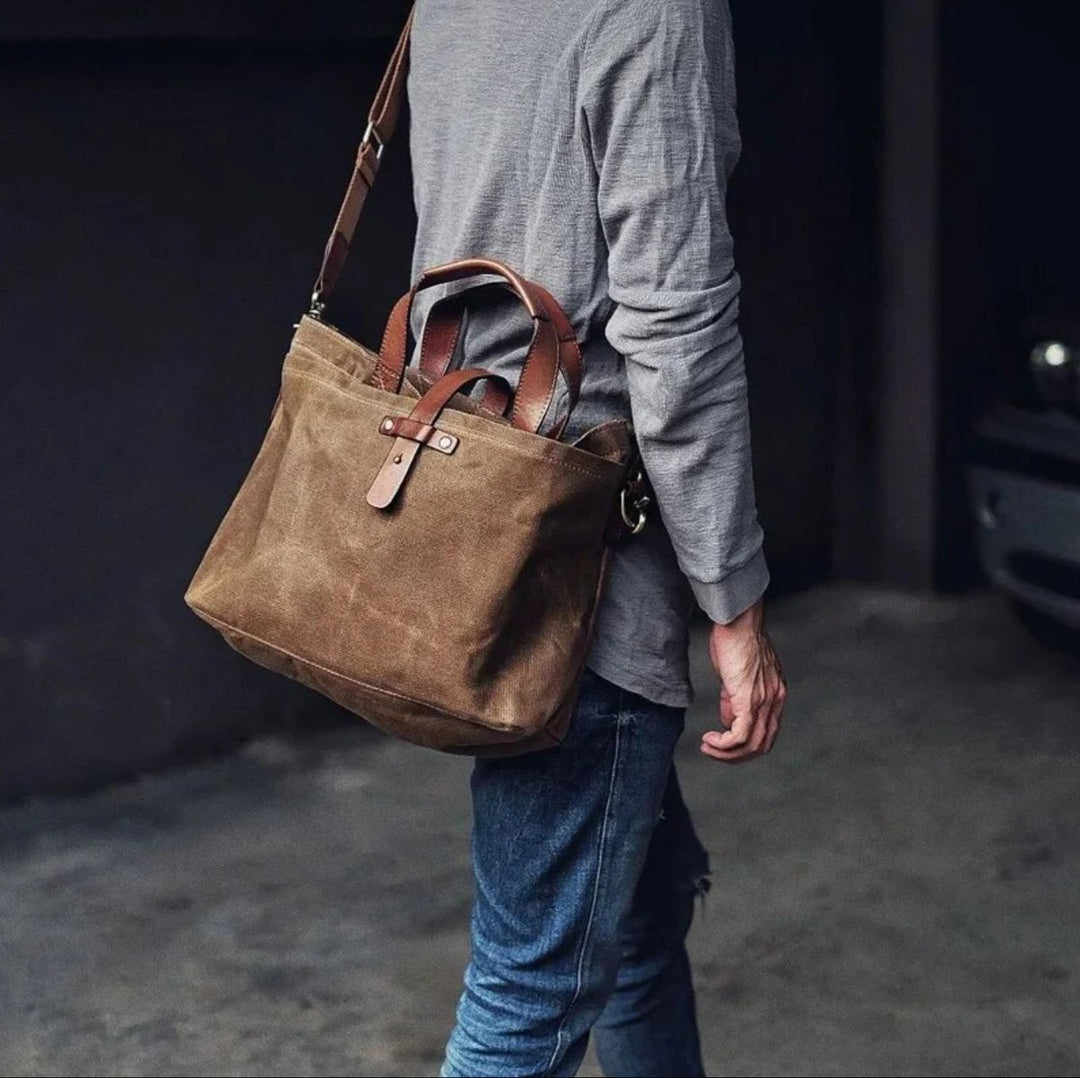 Waxed Canvas Tote Bag Water-Resistant Leather-Trim Crossbody