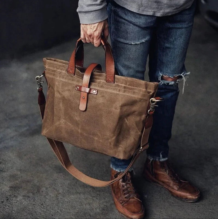 Waxed Canvas Tote Bag Water-Resistant Leather-Trim Crossbody