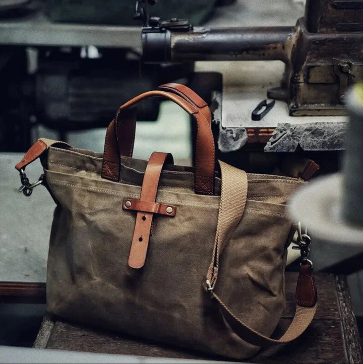 Waxed Canvas Tote Bag Water-Resistant Leather-Trim Crossbody