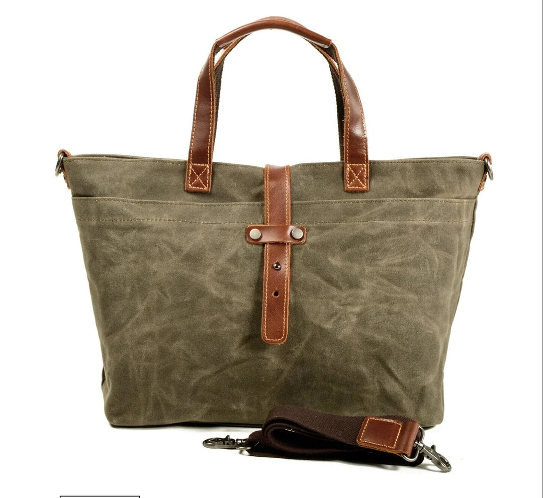 Waxed Canvas Tote Bag Water-Resistant Leather-Trim Crossbody - Salbeiholz