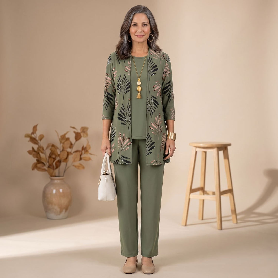 Women's 3-Piece Leaf-Print Open-Front Cardigan Suit Set - Green