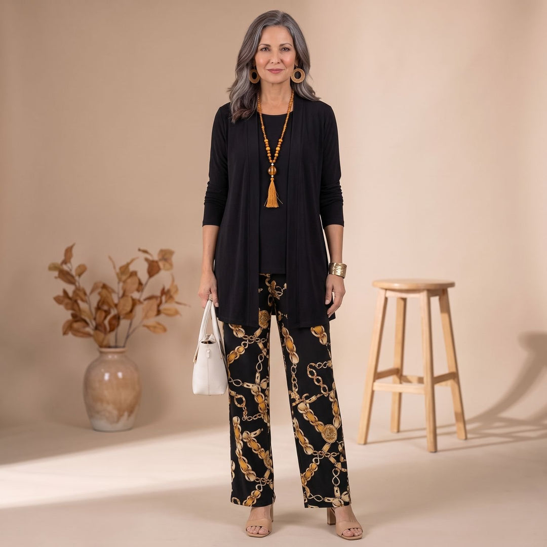 Women's 3-Piece Leaf-Print Open-Front Cardigan Suit Set - Black